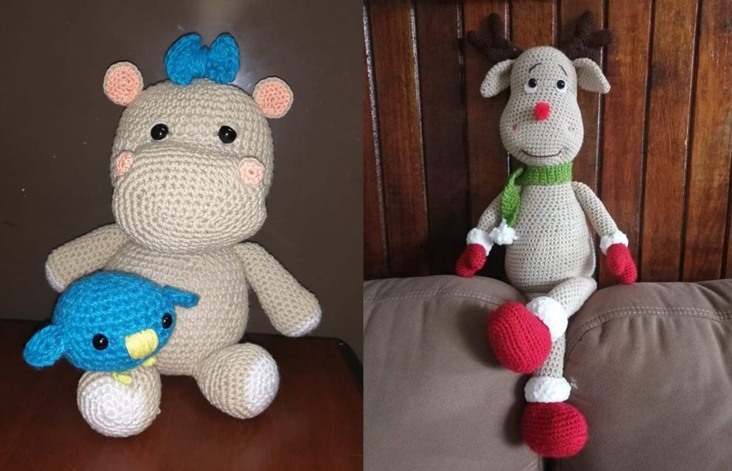 Estos animalitos, hipopótamo y reno son hechos por las manos de Adriana